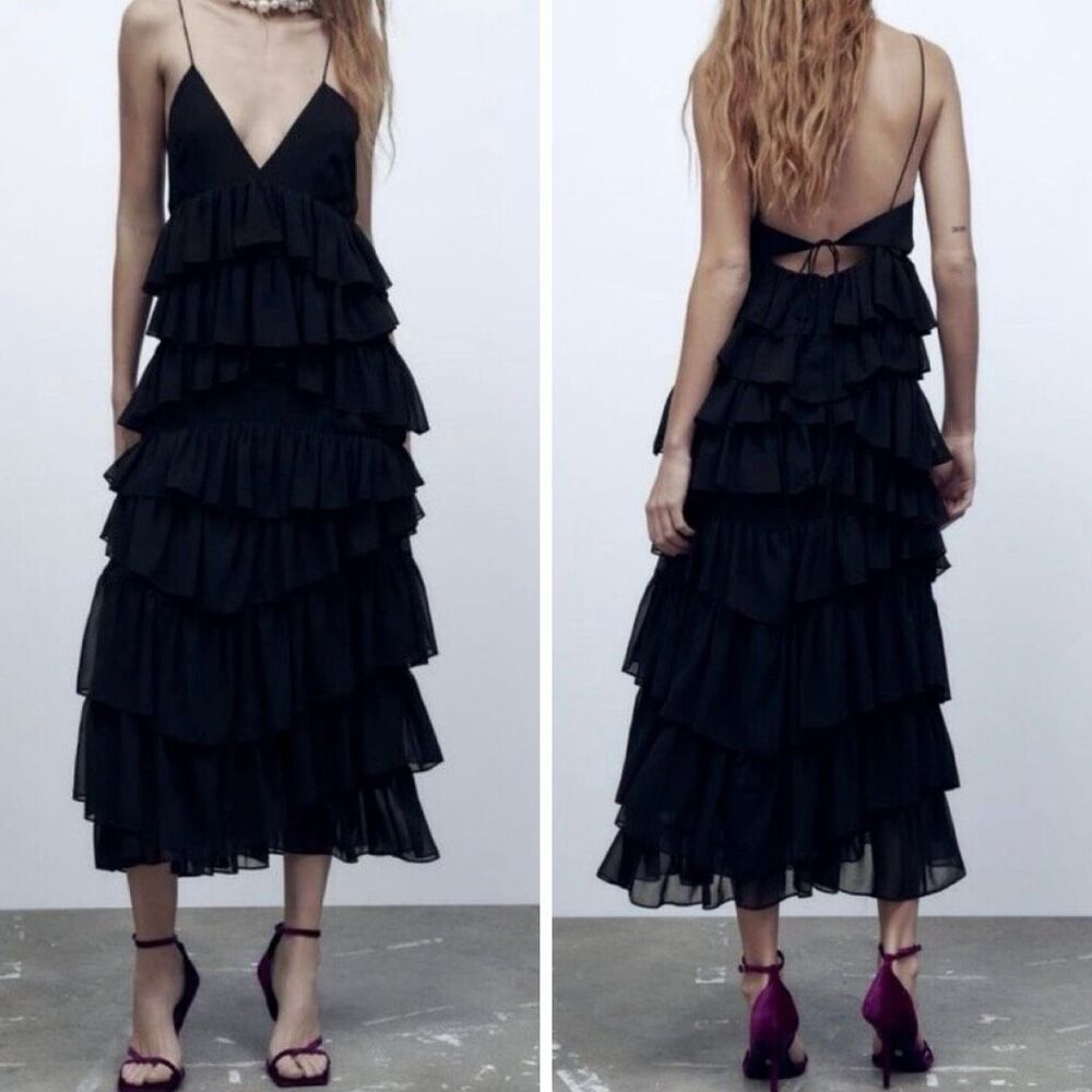 Zara Black Tiered Ruffle Midi Dress Size Large Spaghetti Strap V-Neck Party